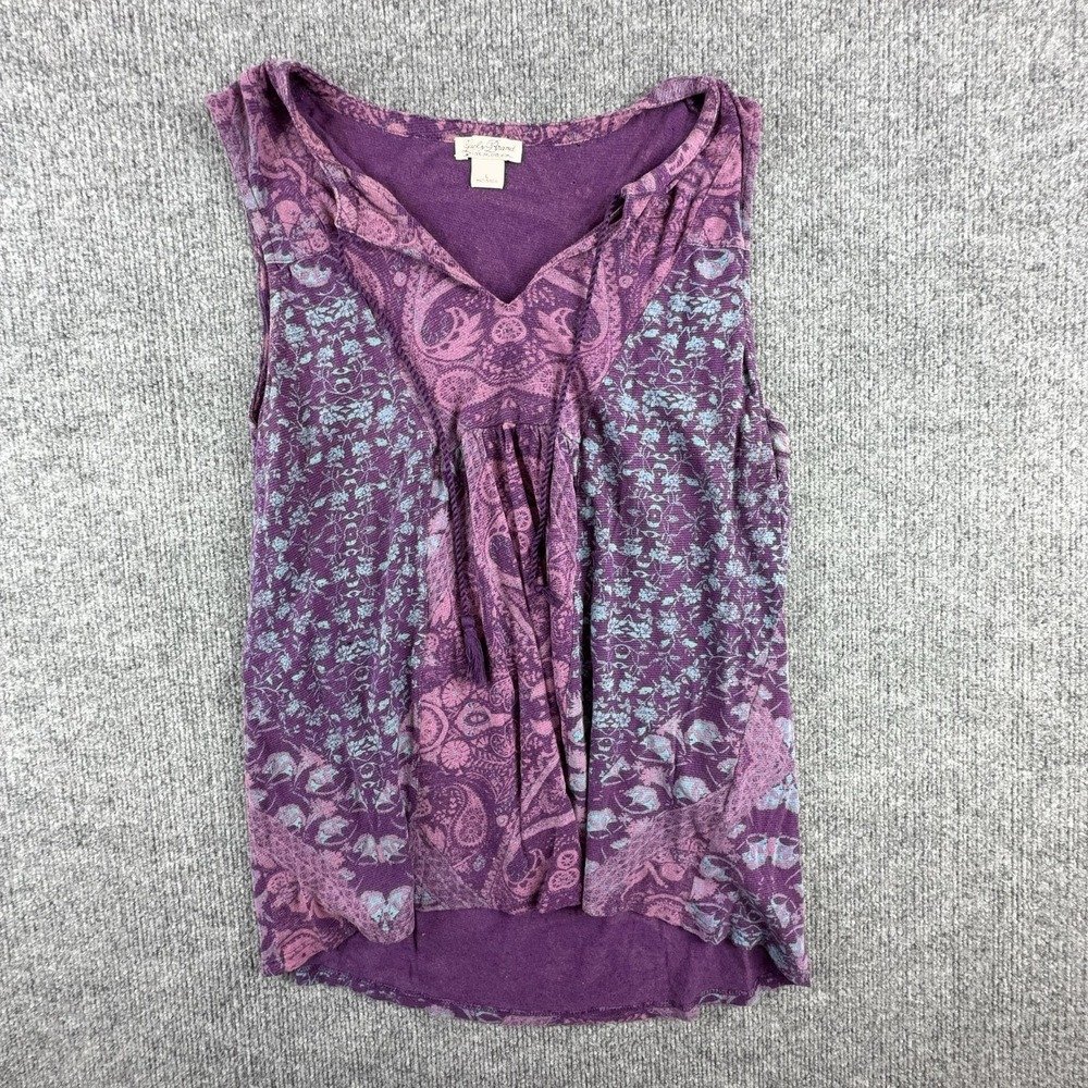 VTG‎ Lucky Brand Tank Top Womens Large Purple Paisley Tassel V Tunic Sleeveless